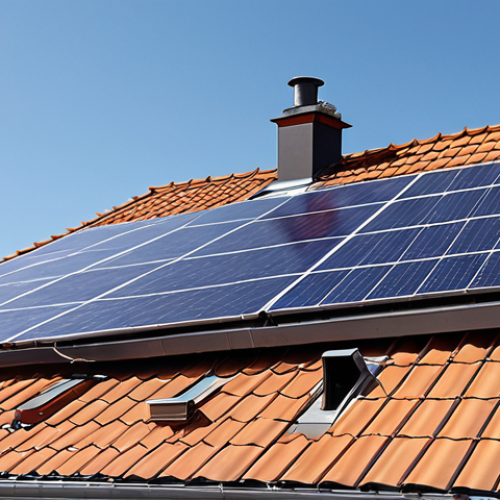 **Solar panel installation on a Swedish house rooftop, sunny day, electrician visible, modern design.** (Focus on the growing trend of solar energy in Sweden)