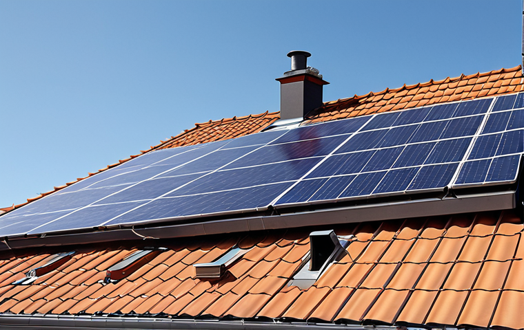 **Solar panel installation on a Swedish house rooftop, sunny day, electrician visible, modern design.** (Focus on the growing trend of solar energy in Sweden)