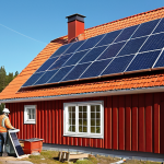 **Electrician installing solar panels on a typical Swedish red wooden house ("falu rödfärg"), sunny day, renewable energy.**
