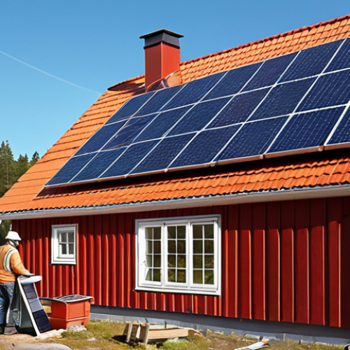 **Electrician installing solar panels on a typical Swedish red wooden house ("falu rödfärg"), sunny day, renewable energy.**
