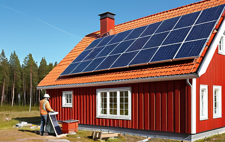 **Electrician installing solar panels on a typical Swedish red wooden house ("falu rödfärg"), sunny day, renewable energy.**
